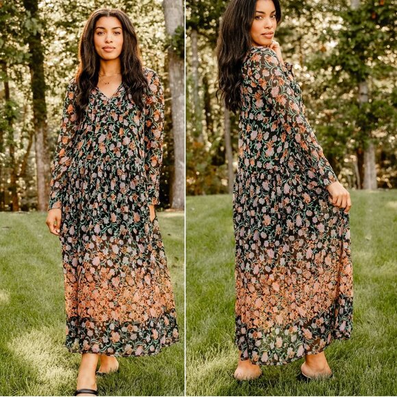 FREE PEOPLE See It Through Long Sleeve Maxi DRESS S M L Floral Black Combo NEW - Picture 3 of 14